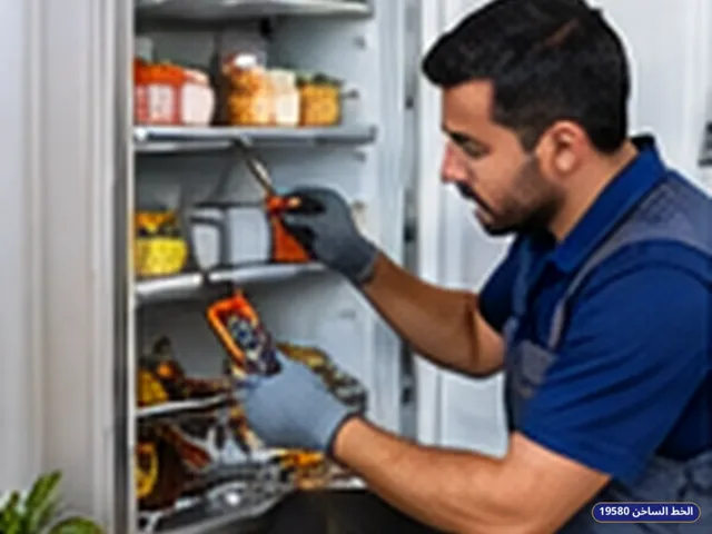 فني يفحص ثلاجة أثناء زيارة الصيانة المنزلية (مشهد 1)
