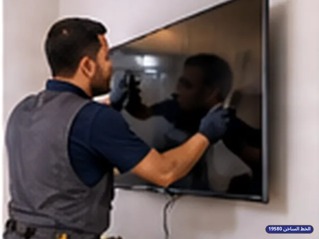 فني يفحص شاشة أثناء زيارة الصيانة المنزلية (مشهد 1)