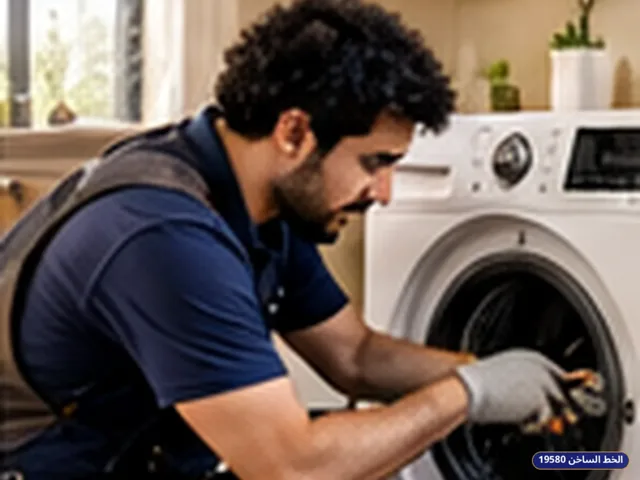فني يفحص غسالة أثناء زيارة الصيانة المنزلية (مشهد 2)